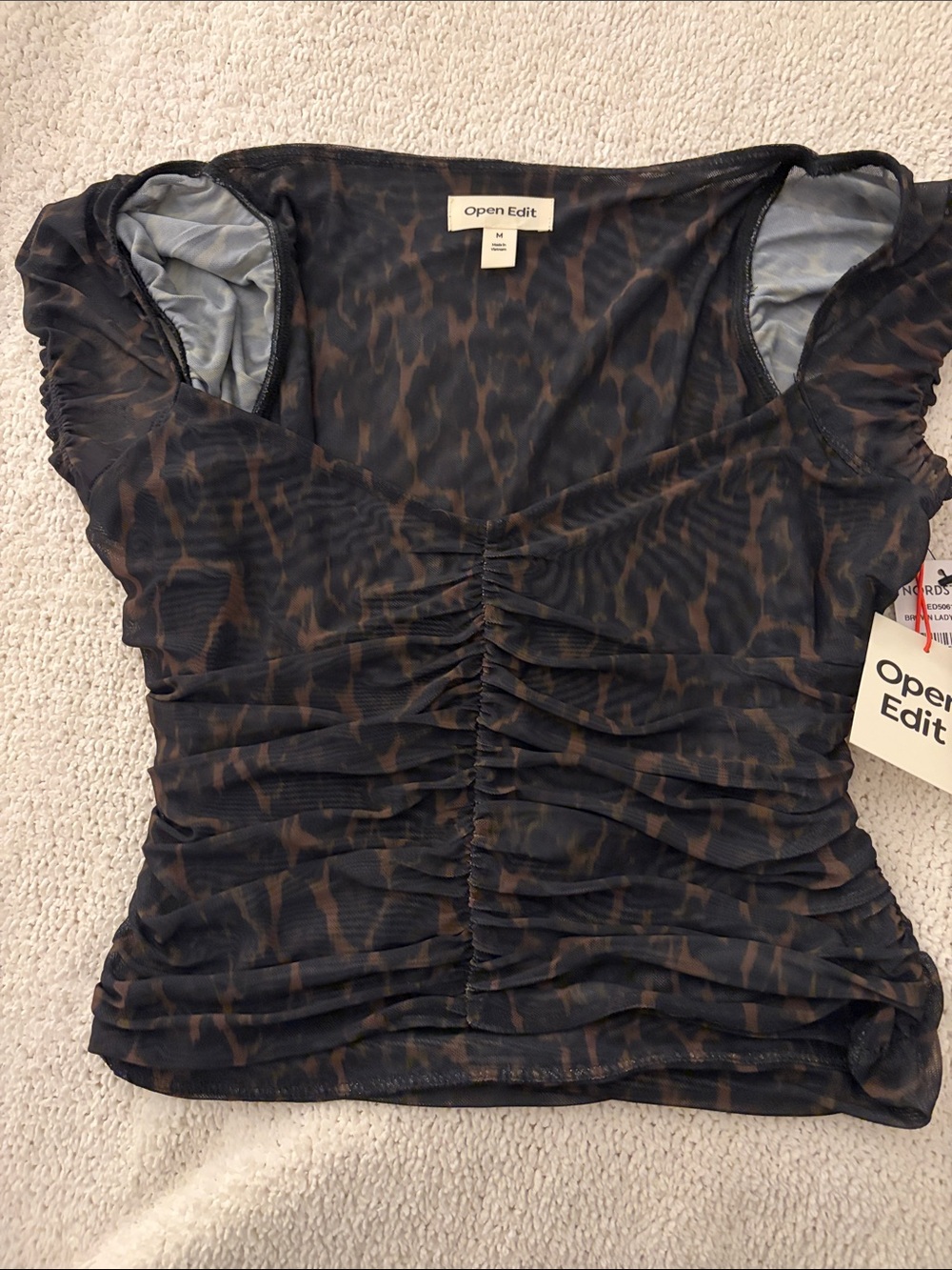 Open Edit Women's Brown & Black Ruched Animal Print Short Sleeve Tee
